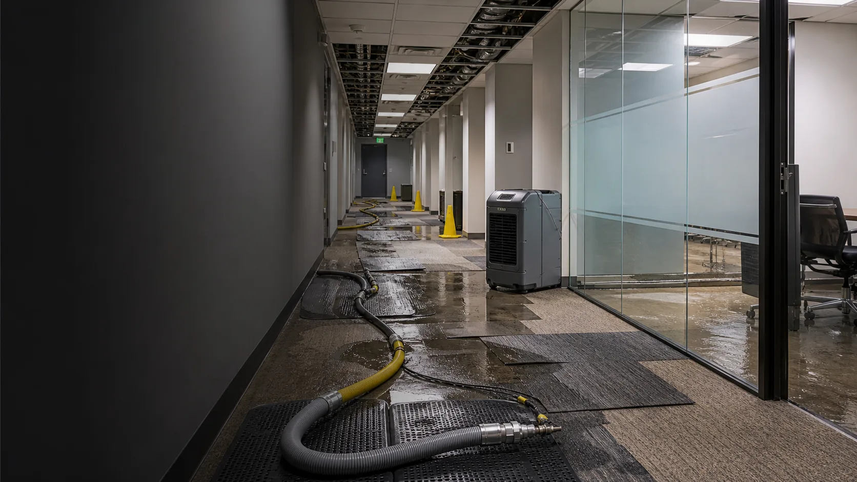 Commercial water mitigation equipment drying a Fort Myers office corridor
