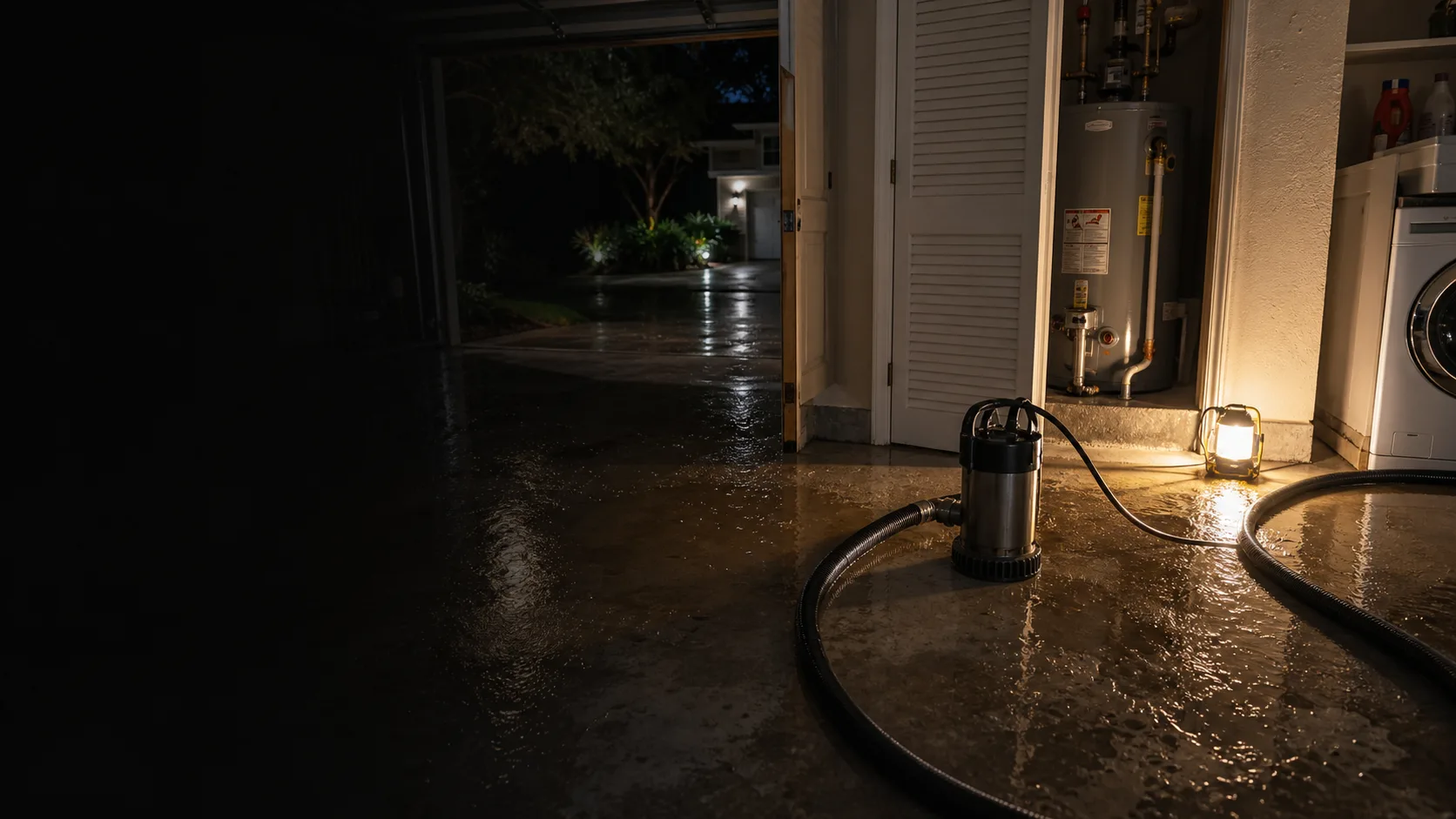 Emergency water extraction pump removing standing water from a Fort Myers home