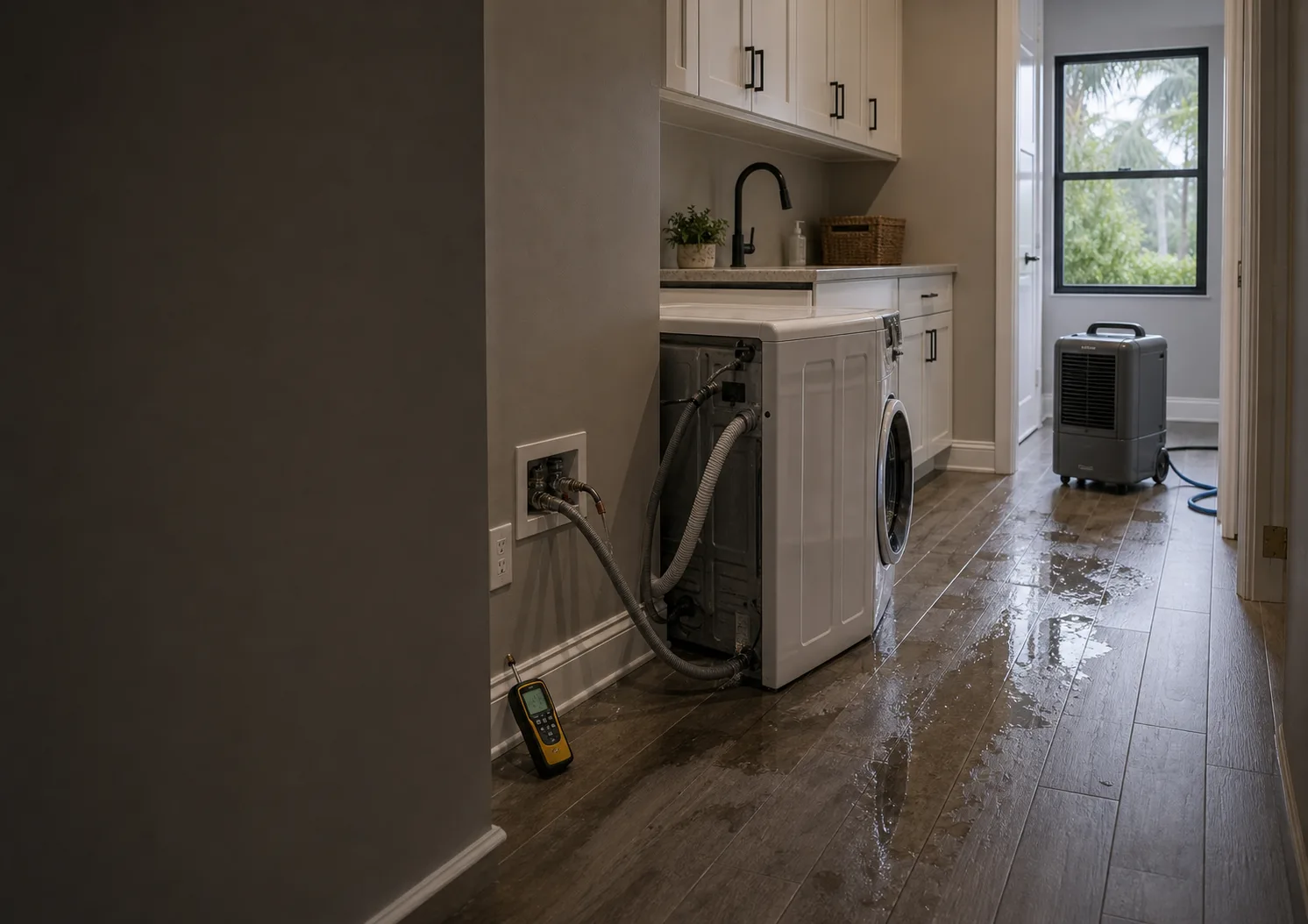Moisture meter and drying equipment in an Estero home after a water leak