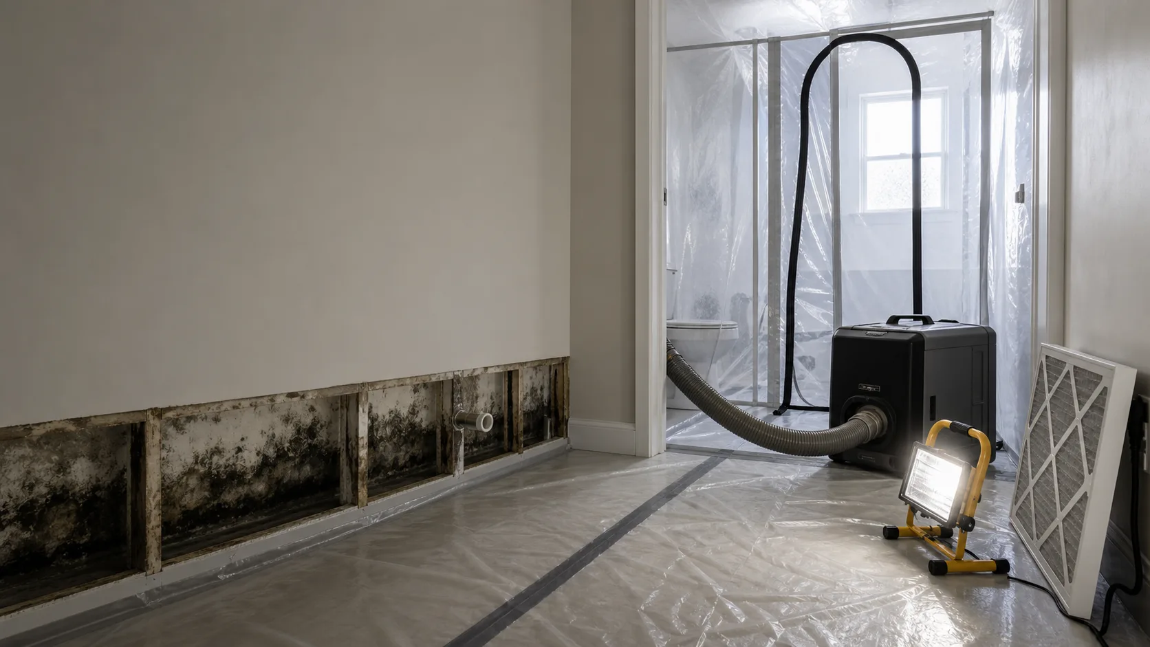 Mold remediation containment and air scrubber inside a Fort Myers bathroom
