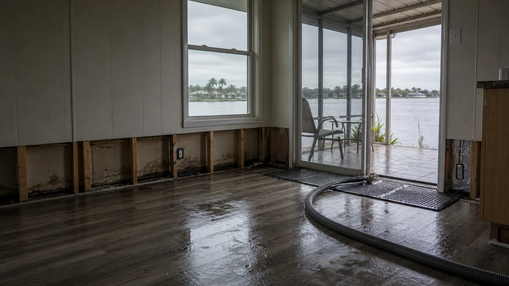 Riverfront water damage cleanup equipment inside a North Fort Myers home
