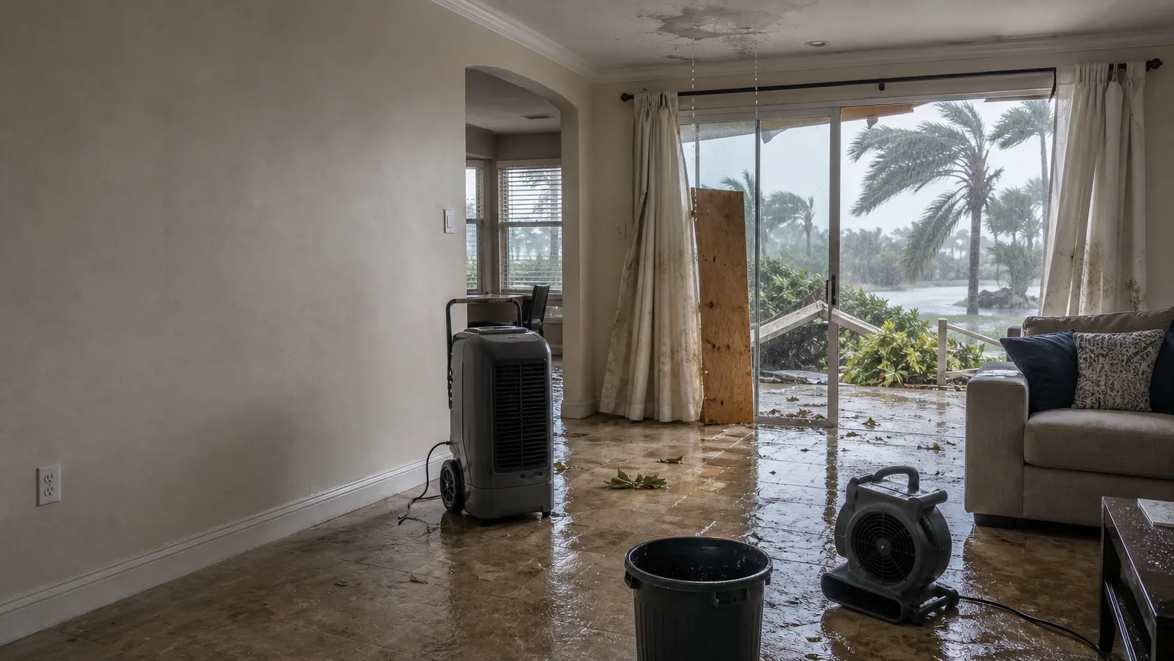 Storm water intrusion and drying equipment inside a Fort Myers home