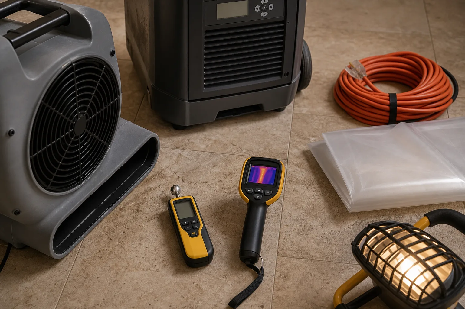 Water damage restoration drying equipment staged inside a Fort Myers home